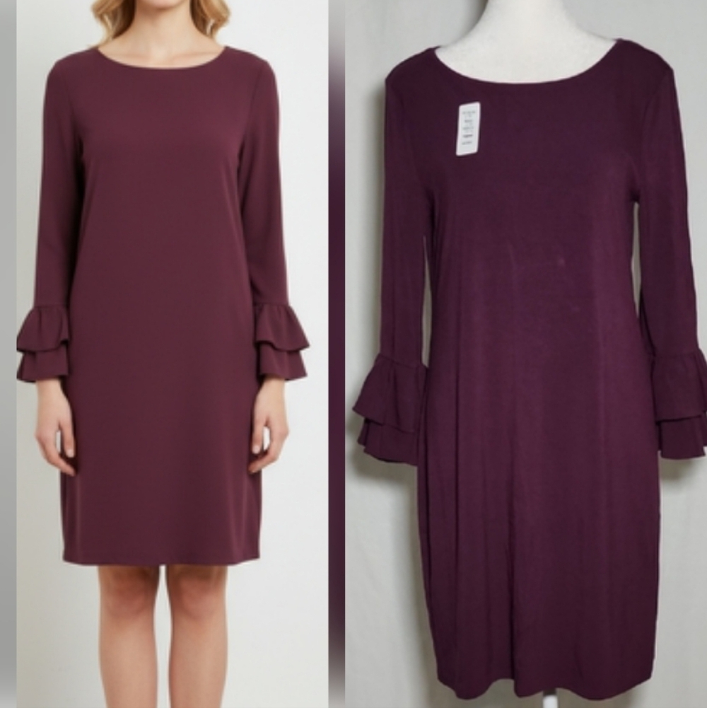 White House Black market Long Sleeve Plum Dress with Ruffle Detail